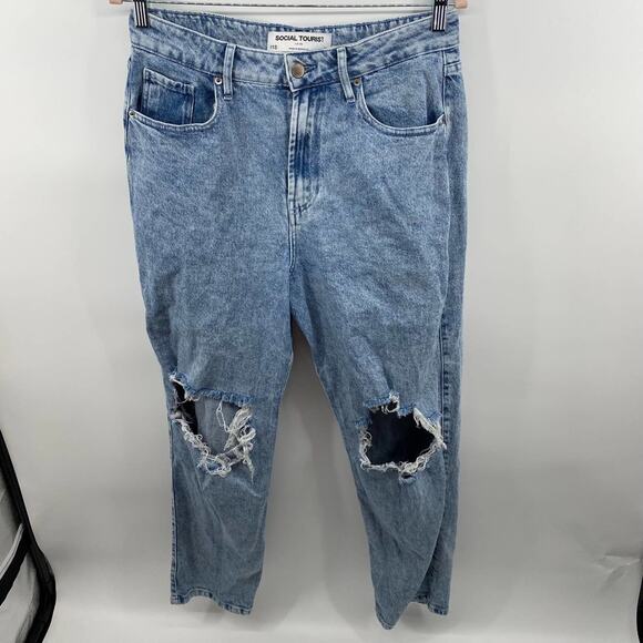 Social Tourist Distressed Boyfriend Jeans Hi-Rise Medium Wash Stretch Sz 30 - Picture 2 of 9